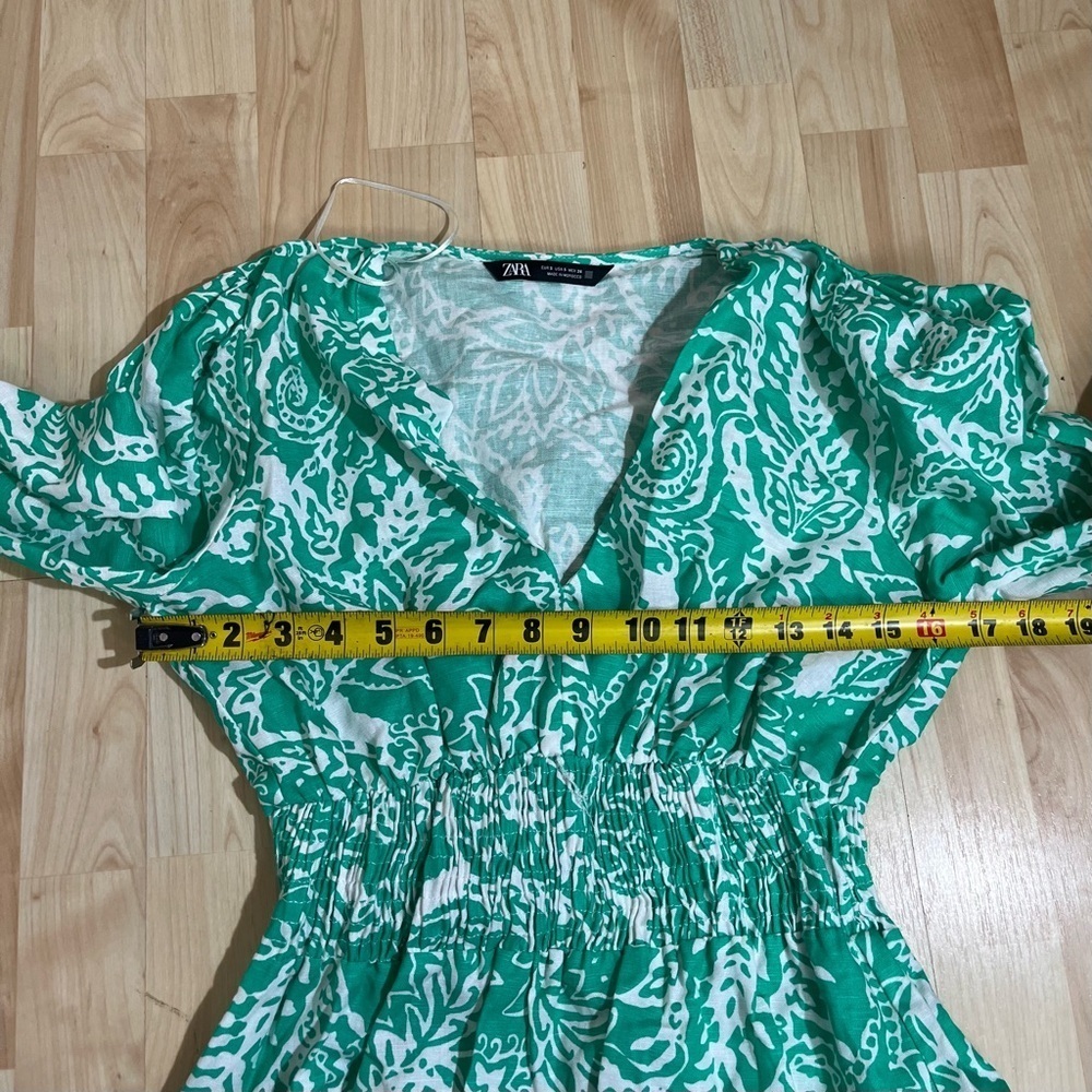 Zara Green & White PRINTED LINEN BLEND MINI Long Sleeve DRESS Size Small - Picture 5 of 8